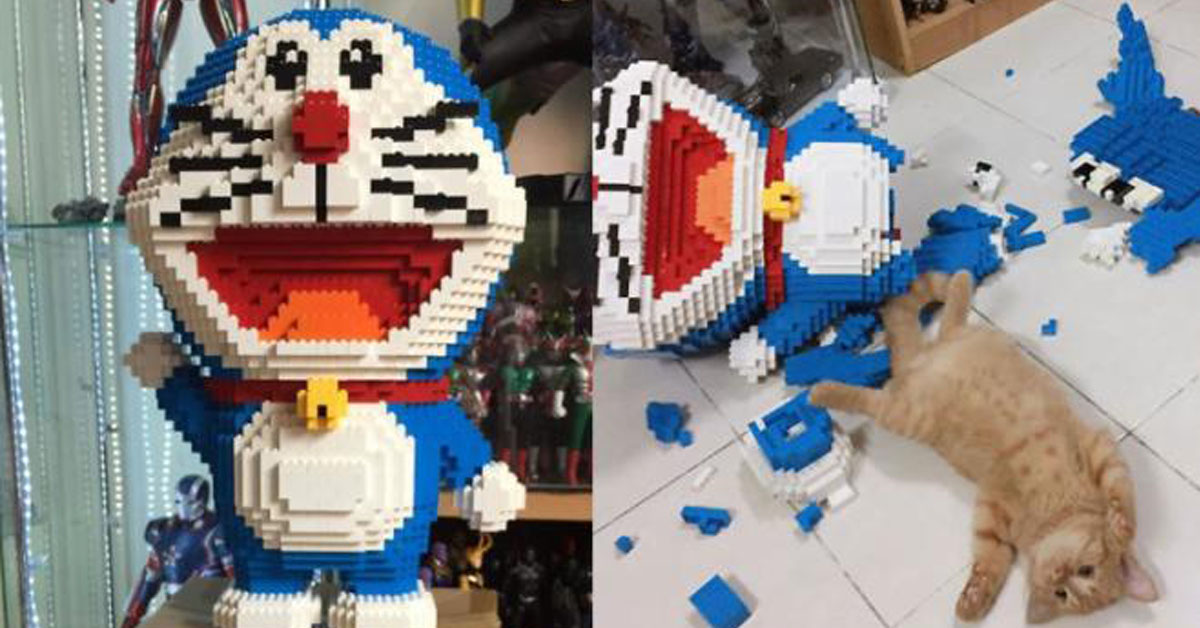 Gatto distrugge un lego Doraemon fatto di 2000 pezzi