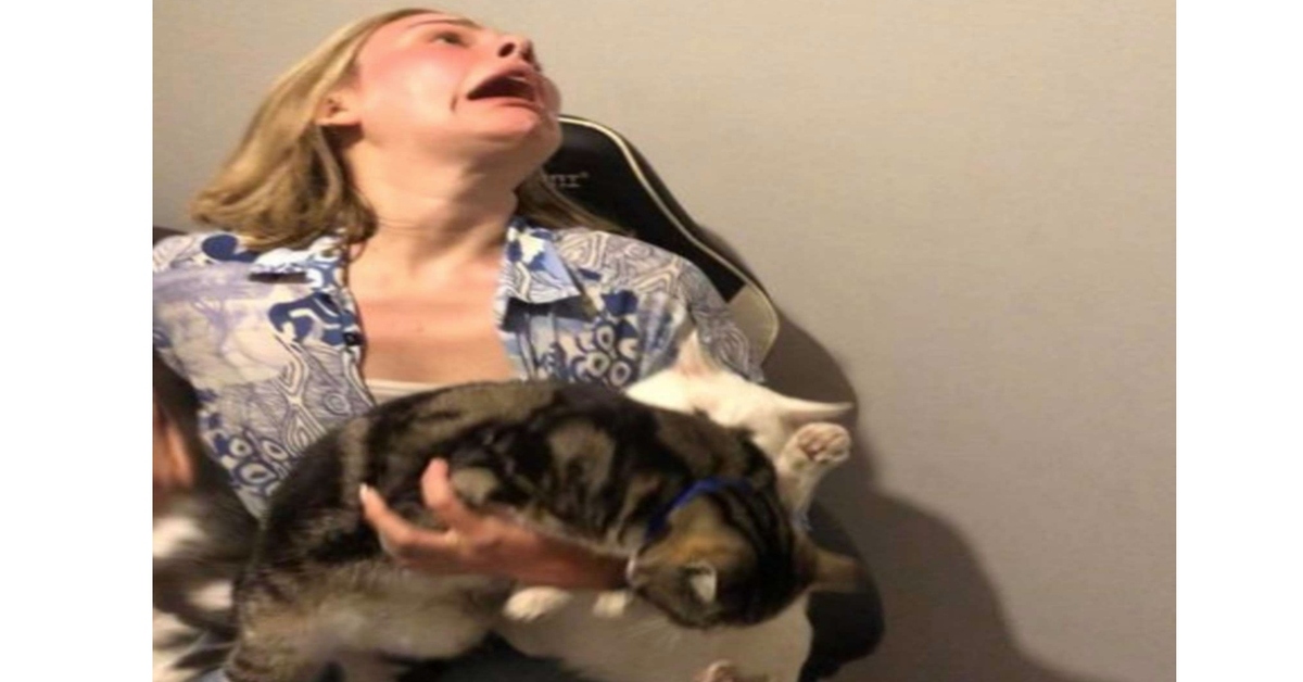 donna in posa con i suoi gatti per una foto