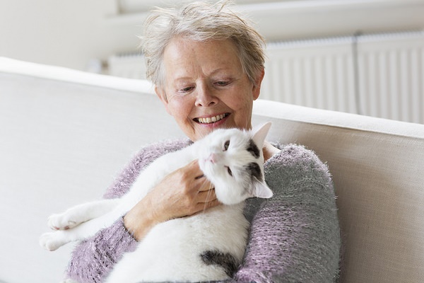 signora anziana che coccola il gatto