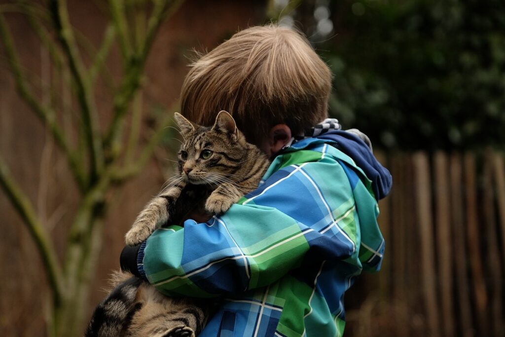 bambino abbraccia un gatto