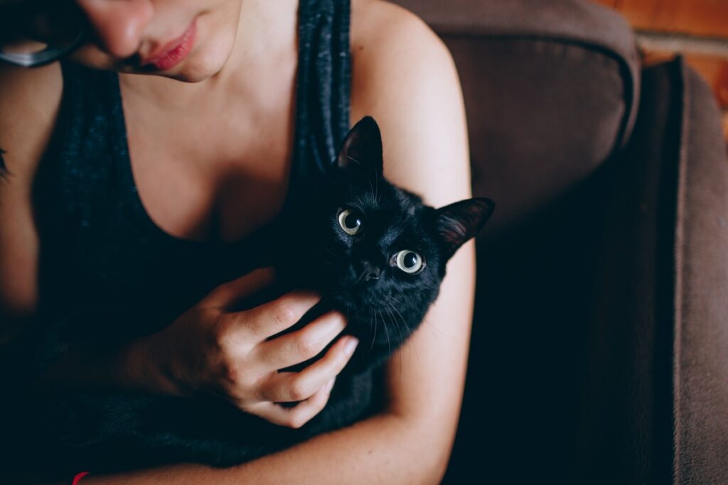 ragazza tiene in braccio un gatto nero