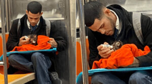 Un giovane allatta con un biberon un gattino appena trovato nella metropolitana