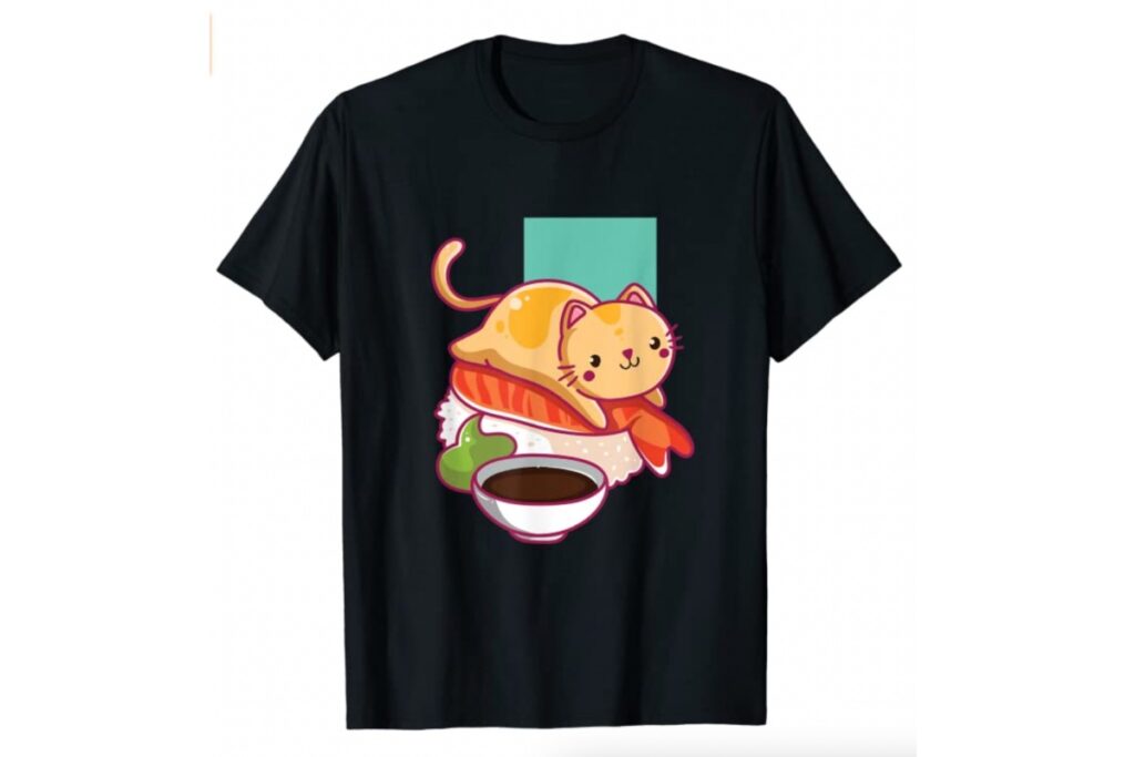 maglietta con gatto e sushi