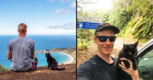 Il giovane australiano vende tutto per partire in un viaggio senza fine insieme al suo amato gatto
