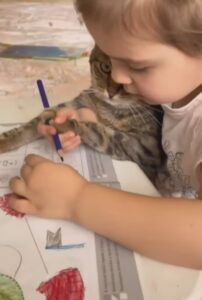 Il gatto e la bambina amano giocare insieme: lei gli insegna a colorare e lui le dona tutto il suo amore (VIDEO)