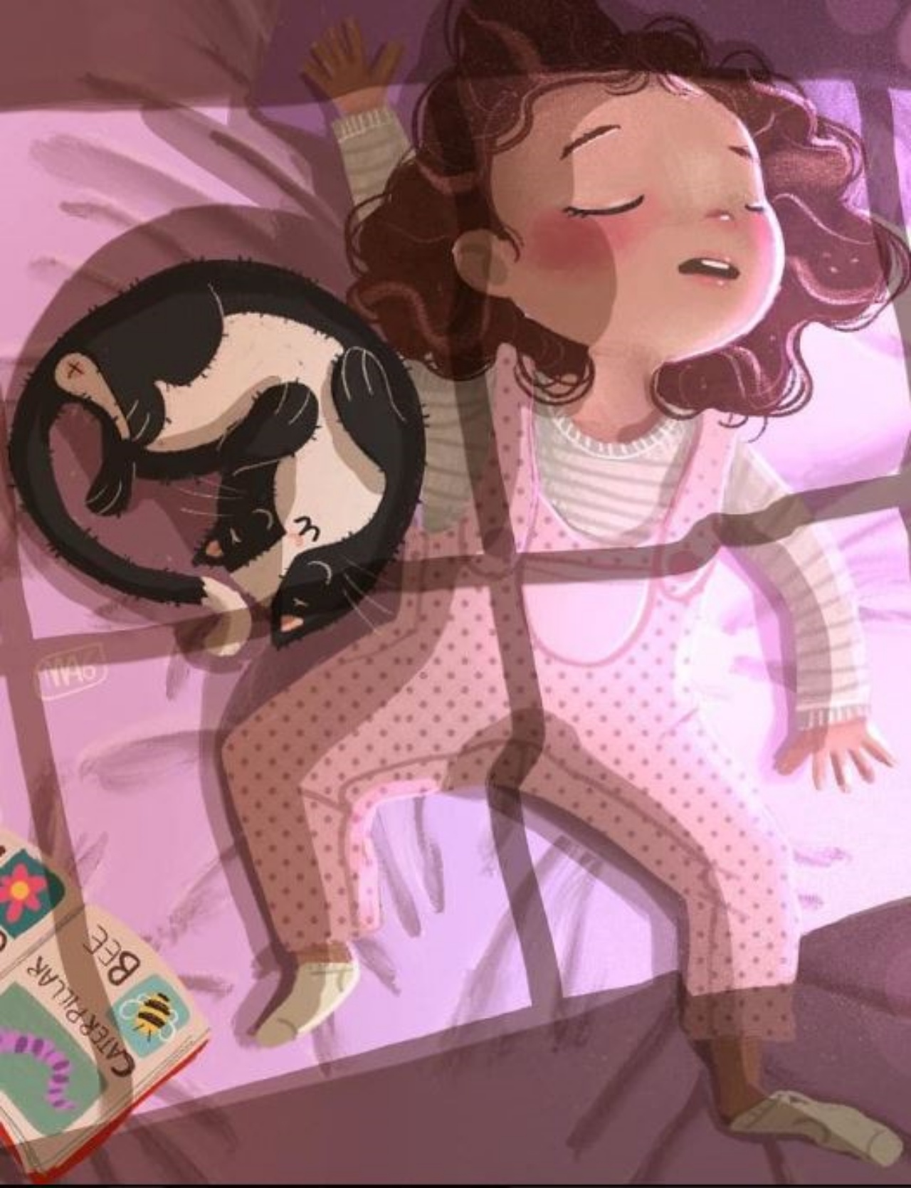 illustrazione di un gatto che dorme con una bambina 