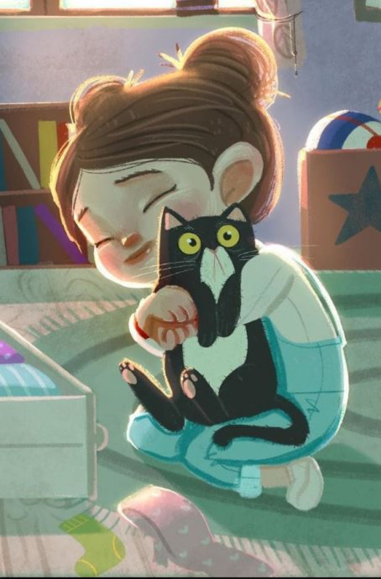 Illustrazione di una bambina ce abbraccia un gatto