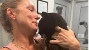 Donna bionda tiene in braccio il suo gatto nero